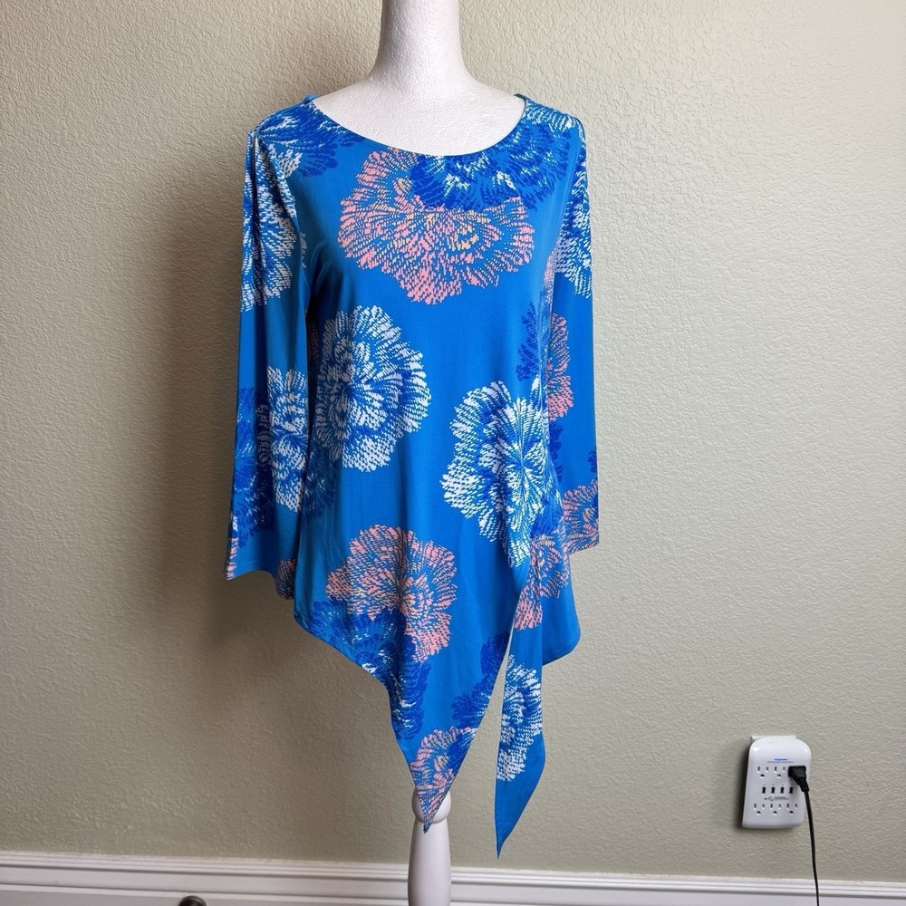 IMAN Top Blouse XS Blue Floral Asymmetric Tie Hem Side Knot Long Sleeve Jersey